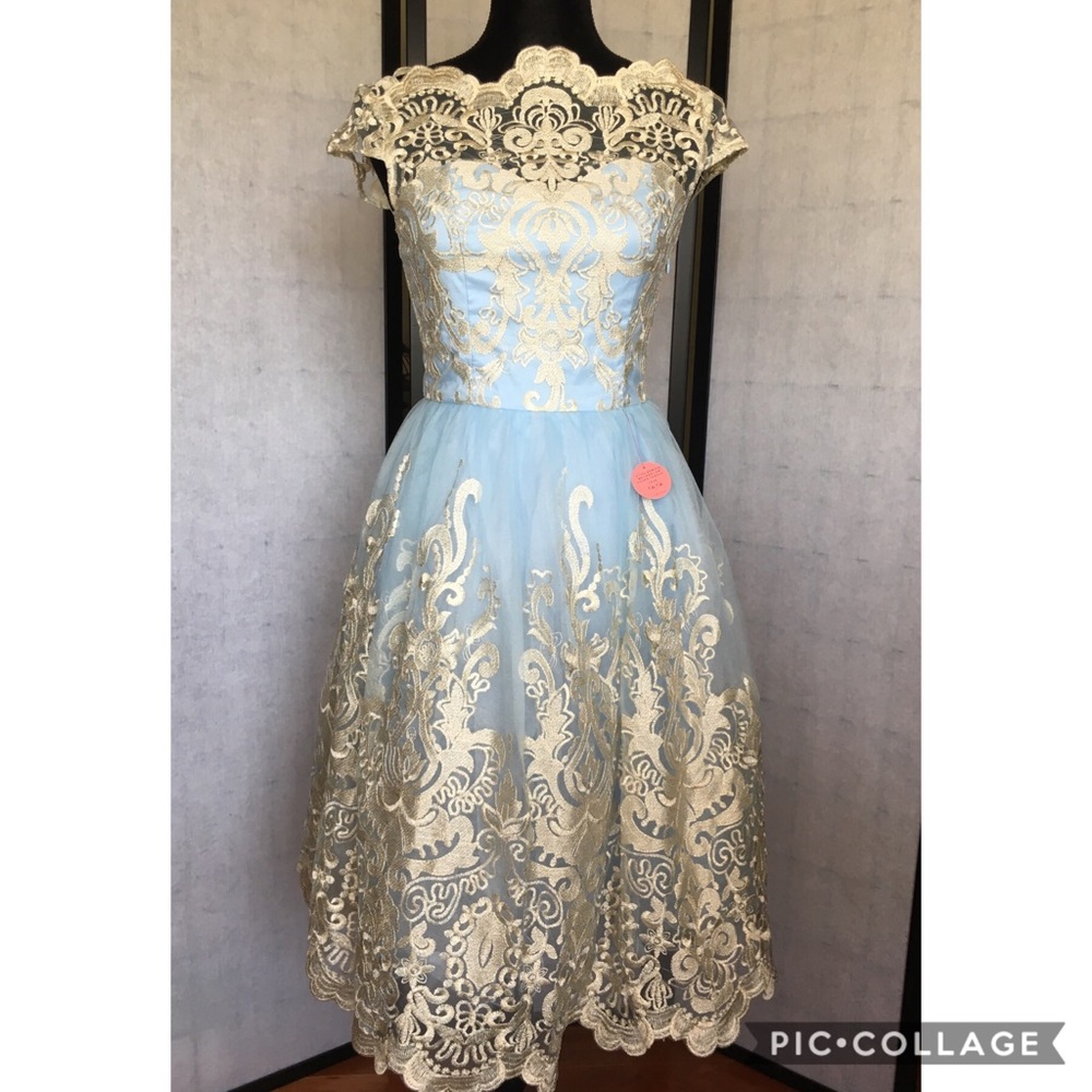 NWT Light Blue and Gold Lace Formal Dress